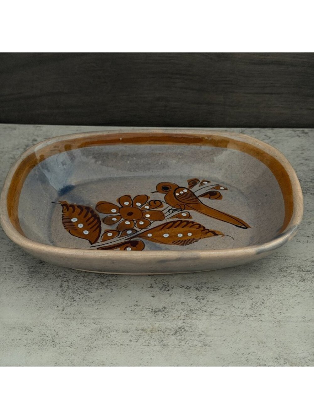 Vintage Tonala Mexico Brown Bird Flowers Hand Painted Pottery Serving Dish 8"